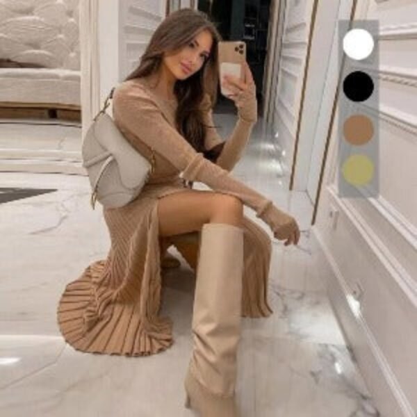 Chic Pullover - Knitted Pleated Skirt Suit High Slit Long Sleeve - Image 8