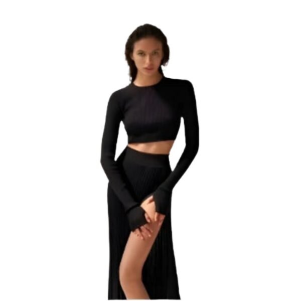 Chic Pullover - Knitted Pleated Skirt Suit High Slit Long Sleeve - Image 2