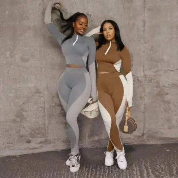 Fashion Two Pieces Activewear with Long Sleeve Crop Top with High Waist Leggings - Image 2