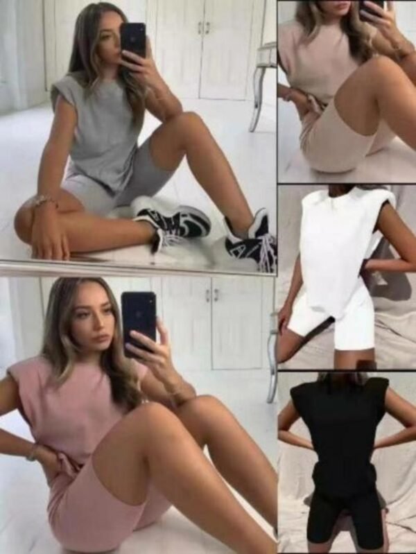 Oversized Padded V Neck Short Sleeve T-shirt & Bike Shorts Set