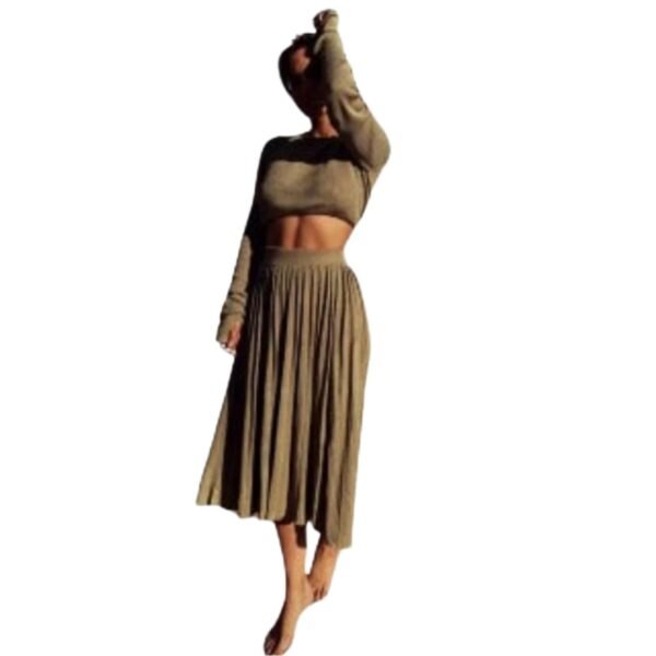 Chic Pullover - Knitted Pleated Skirt Suit High Slit Long Sleeve - Image 6