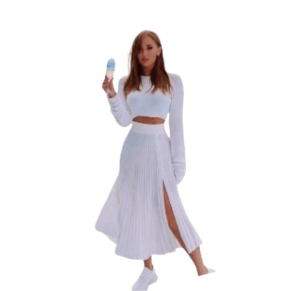Chic Pullover - Knitted Pleated Skirt Suit High Slit Long Sleeve - Image 4