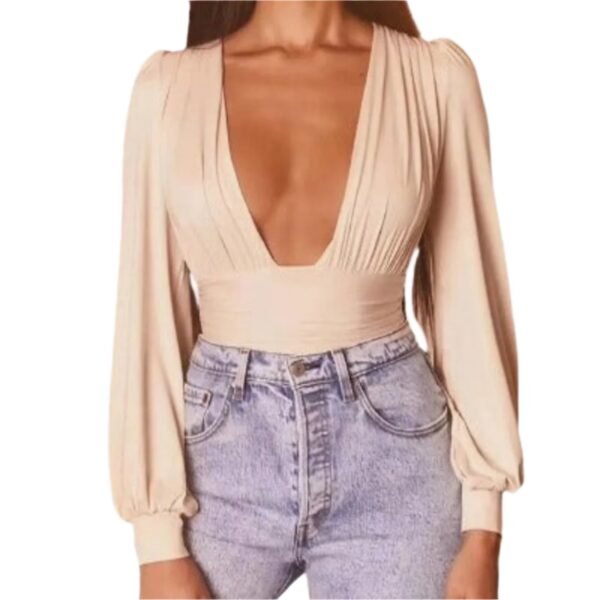 Chic Solid Plunging Neck Lantern Sleeve Bodysuit - Image 3