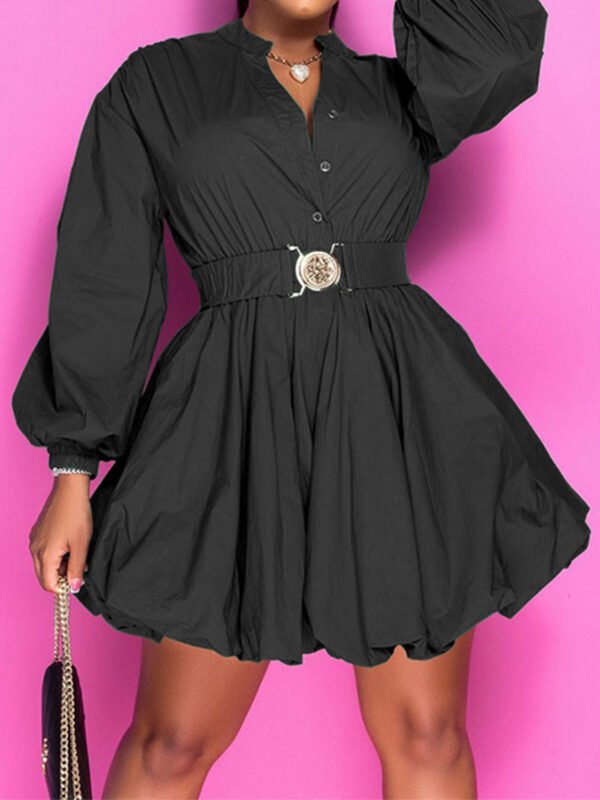 Notched Button Up Balloon Sleeves Dress - Image 11