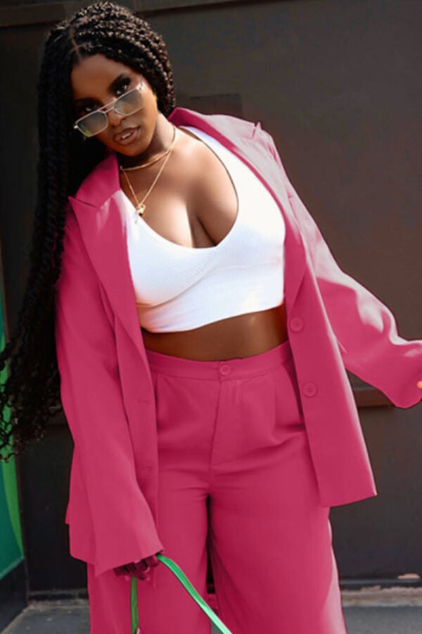 Lapel Collar Buttoned Blazer and Long Pants Set - Image 5