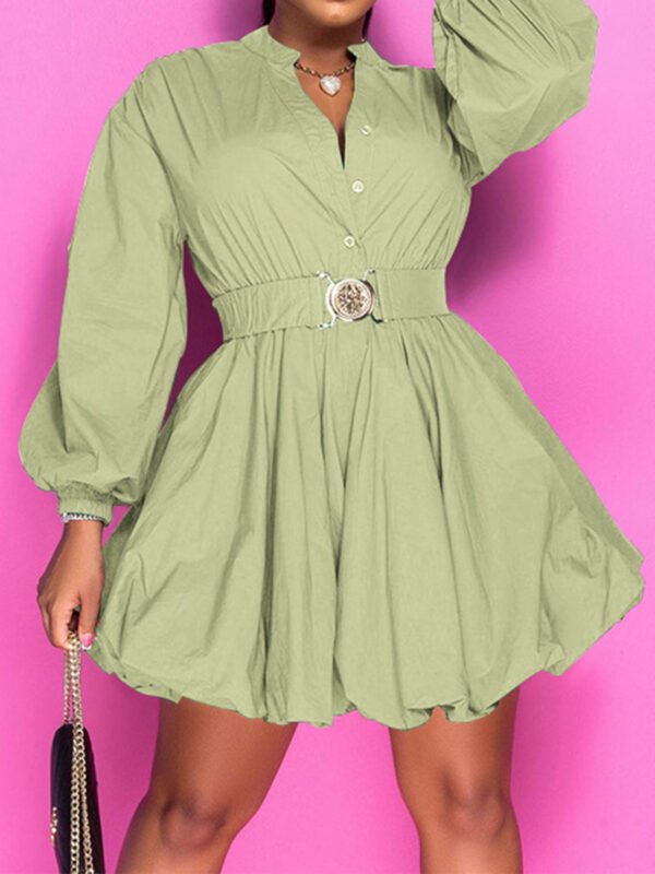 Notched Button Up Balloon Sleeves Dress - Image 17