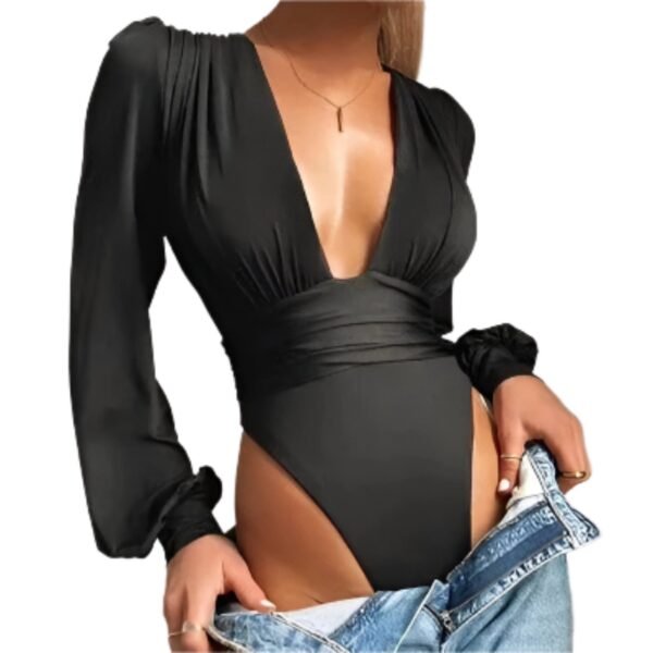 Chic Solid Plunging Neck Lantern Sleeve Bodysuit - Image 5