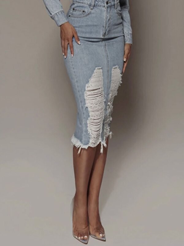 Distressed Slit Denim Skirt - Image 4