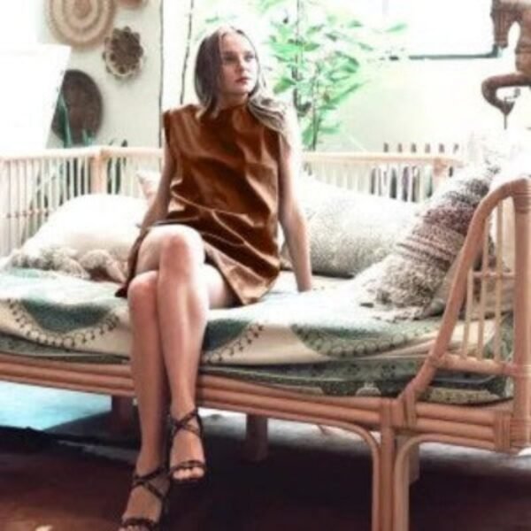 Camel Leather Dress /w shoulder Pads - Image 3