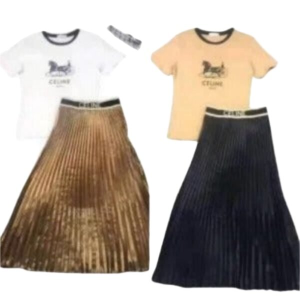 Chic Two Pieces Set Long Pleated Skirt & T-Shirt Set - Image 3