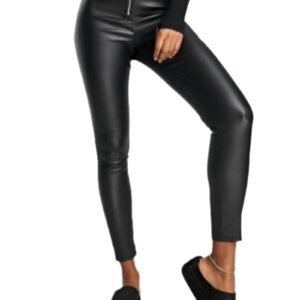 Black Coated Exposed Zip Skinny Trousers