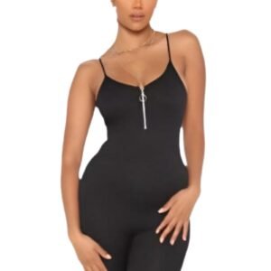 BLACK RIB ZIP FRONT STRAP ROMPER