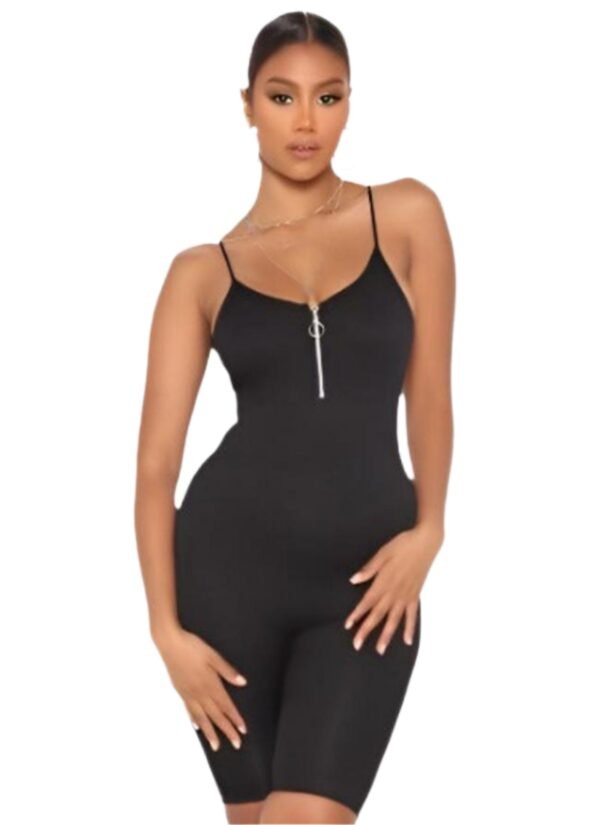 BLACK RIB ZIP FRONT STRAP ROMPER