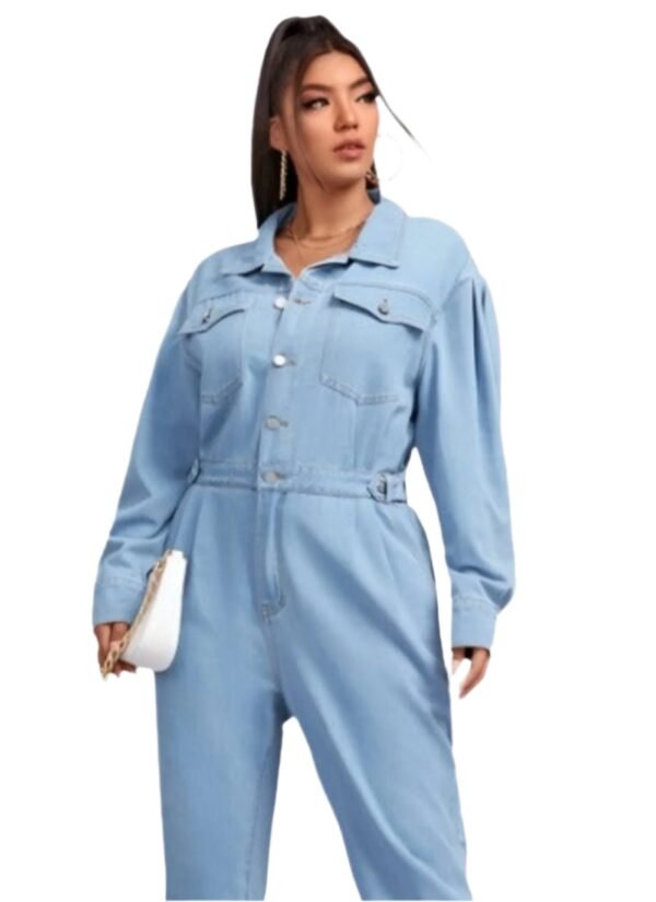 Button Front Pocket Design Long Sleeve Light Blue Jumpsuit