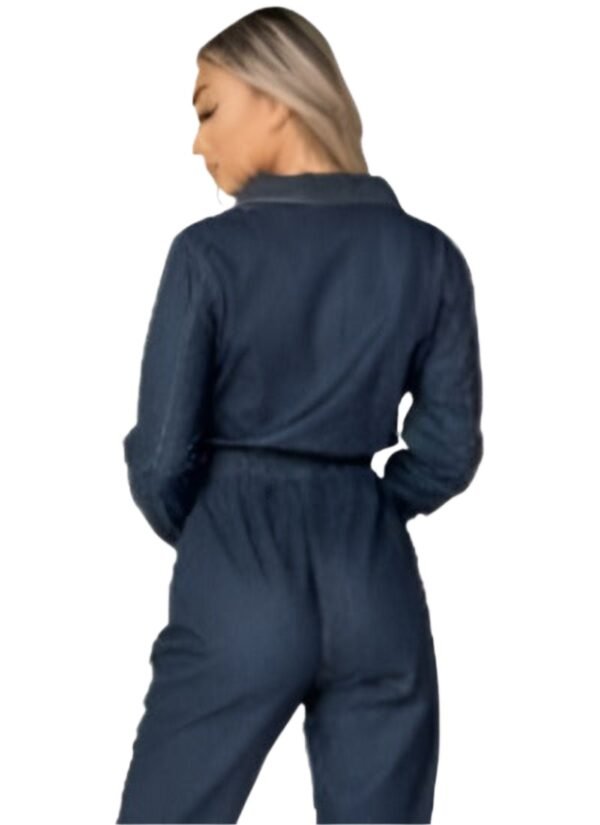 Indigo Zip Front Elasticated Hem Long Sleeve Denim Jumpsuit - Image 2