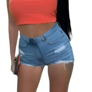 Mid Blue Distressed Raw Hem Denim Shorts