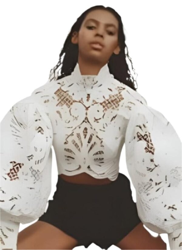 Solid Lady Stand Collar Long Puffy Sleeve Fit Shirt