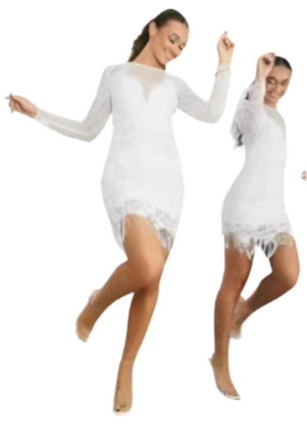 Luxury Sexy Mesh Mini Dress with fringe hem in Off white Party Dress