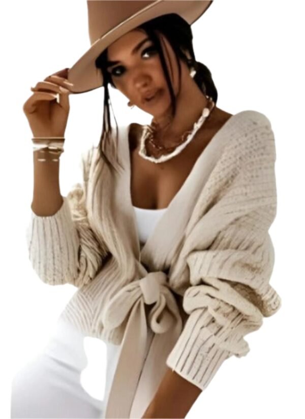 Wrap over Front Belted Puff Sleeve Cropped Cardigan
