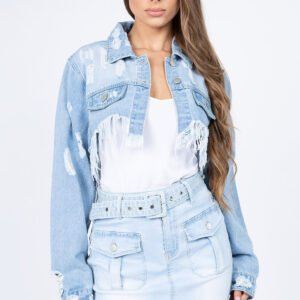 American Bazi Distressed Denim Jacket with Frayed Hem-Luxury Fashion