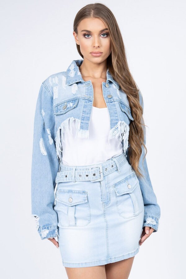 American Bazi Distressed Denim Jacket with Frayed Hem-Luxury Fashion