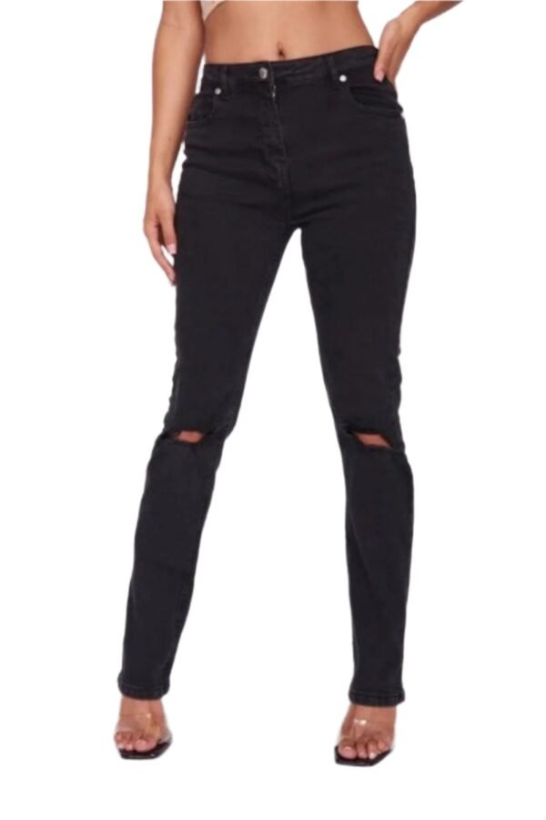 Charcoal Distressed Knee Rip Straight Leg Jeans - Image 2