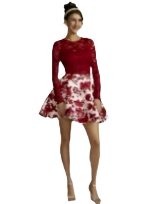 City Vibe Long-Sleeve Lace Top with Floral Skirt Two-Piece Dress