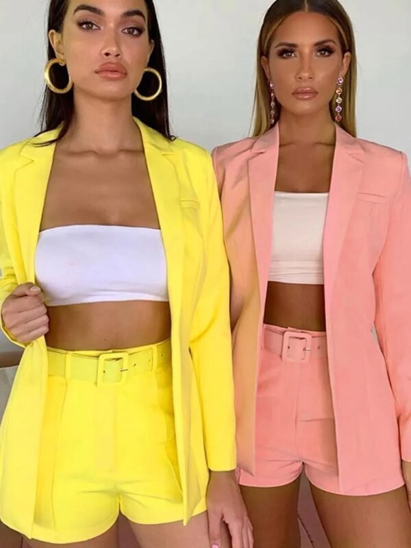 Women's Two Pieces Sets Linen Suit & Short Pants with Belts - Image 3