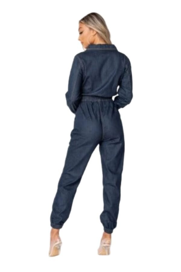 Indigo Zip Front Elasticated Hem Long Sleeve Denim Jumpsuit - Image 3