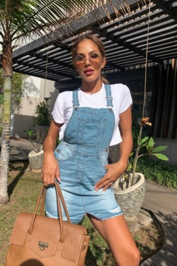 Light Blue Distressed Hem Pinafore Denim Dress - Image 2