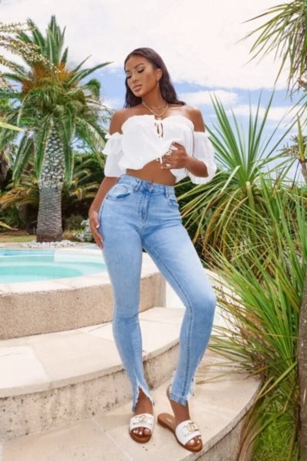 Light Blue Extreme Distressed Hem Skinny Jeans - Image 3