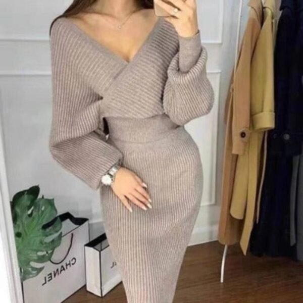Women's's Long Sleeve Sweater Skirt Two Piece Set Outfits Knitted Suit Solid Suit - Image 3