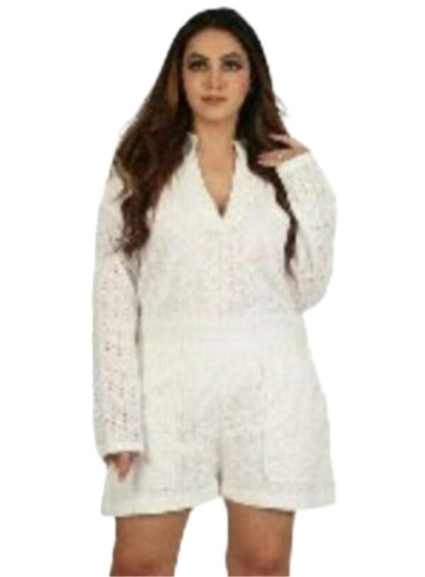 Summer Women's Two Piece Set Eyelet Embroidery Buttoned Shirt Top & Short