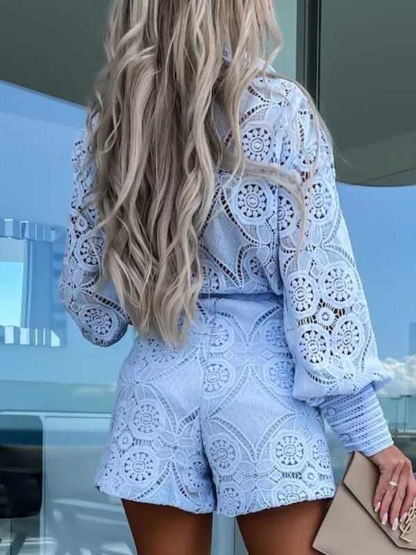Button Detail Lace Lantern Sleeve Top and Shorts Set