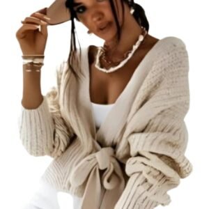 Wrap over Front Belted Puff Sleeve Cropped Cardigan