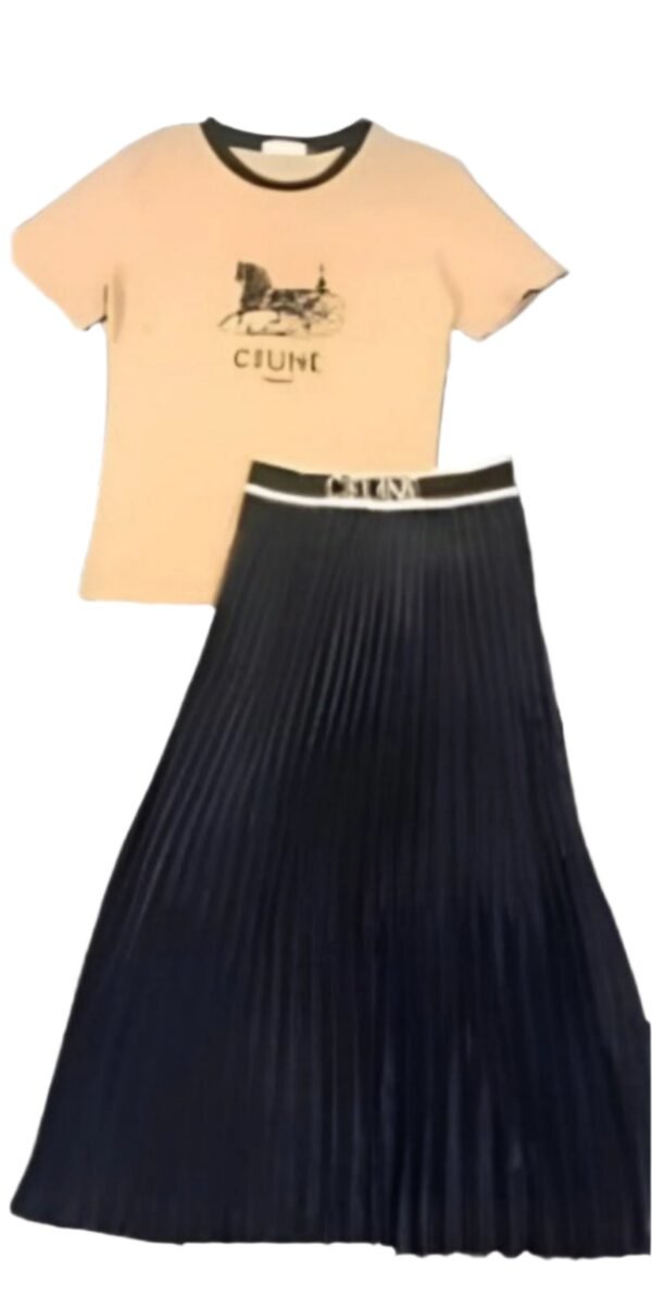 Chic Two Pieces Set Long Pleated Skirt & T-Shirt Set